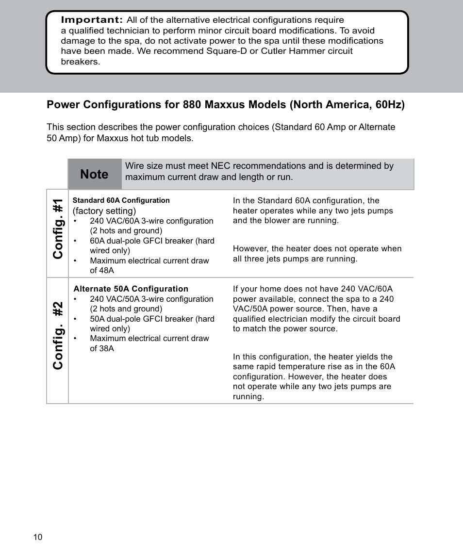 Config. #1, Config. #2 | Sundance Spas Spas 880 Series User Manual | Page 12 / 32