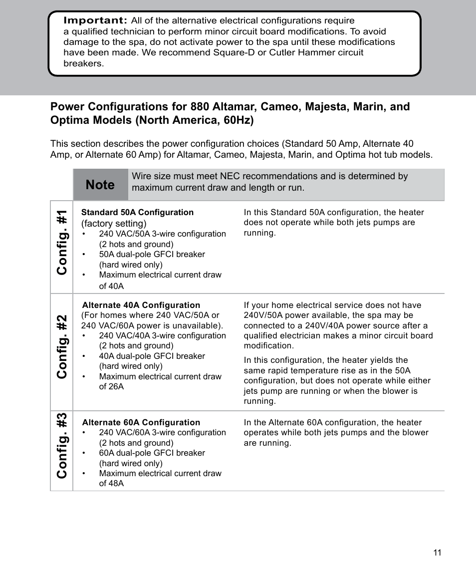 North america, 60hz), Config. # 1, Config. #2 | Config. #3 | Sundance Spas Spas 880 Series User Manual | Page 13 / 32