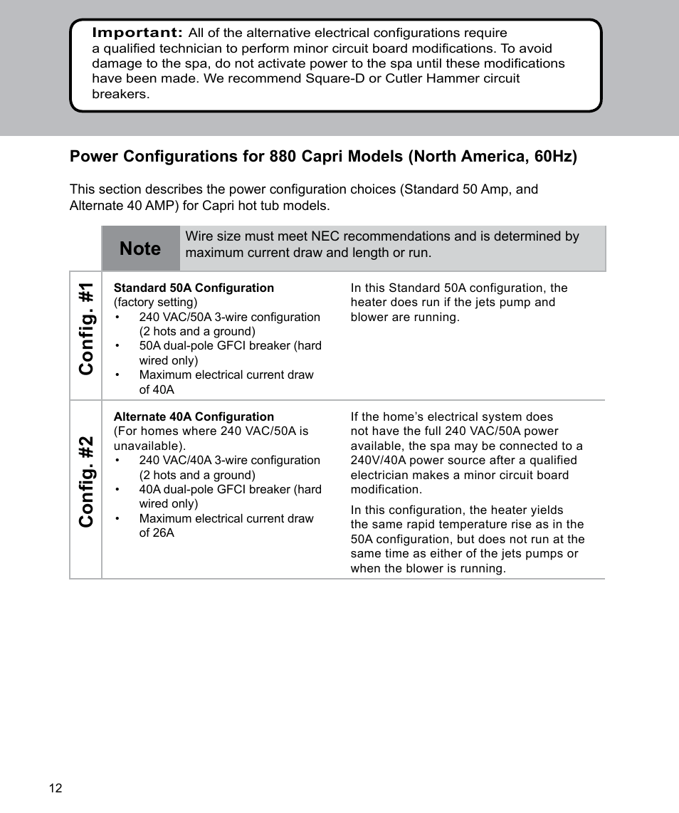 Config. # 1, Config. #2 | Sundance Spas Spas 880 Series User Manual | Page 14 / 32