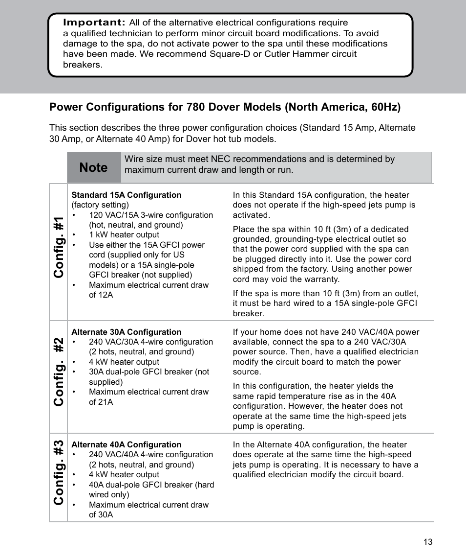 Config. #1, Config. #2, Config. #3 | Sundance Spas Spas 880 Series User Manual | Page 15 / 32