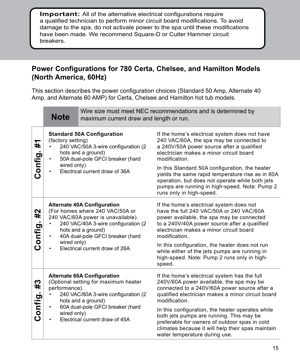 North america, 60hz), Config. #1, Config. #2 | Config. #3 | Sundance Spas Spas 880 Series User Manual | Page 17 / 32