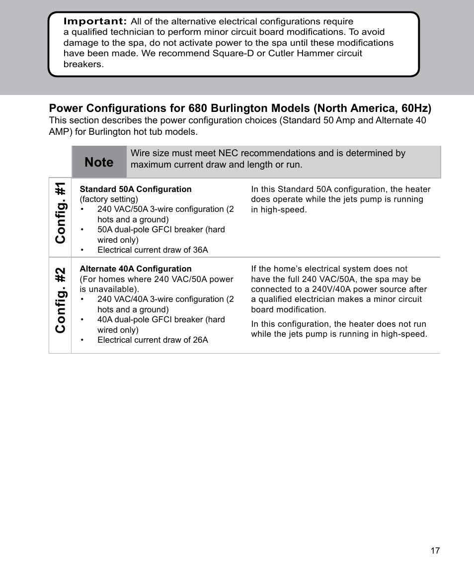 Config. #1, Config. #2 | Sundance Spas Spas 880 Series User Manual | Page 19 / 32