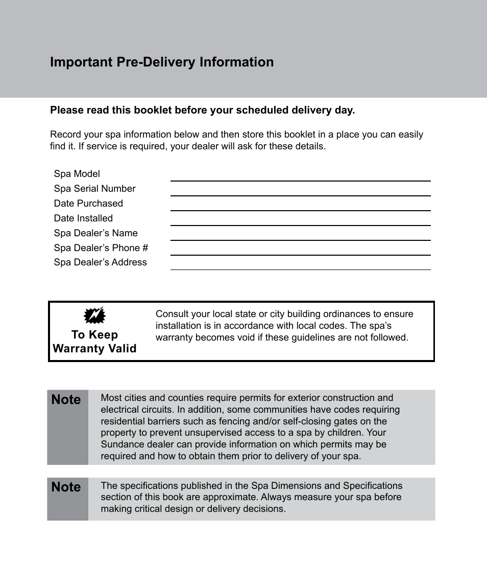 Important pre-delivery information | Sundance Spas Spas 880 Series User Manual | Page 2 / 32