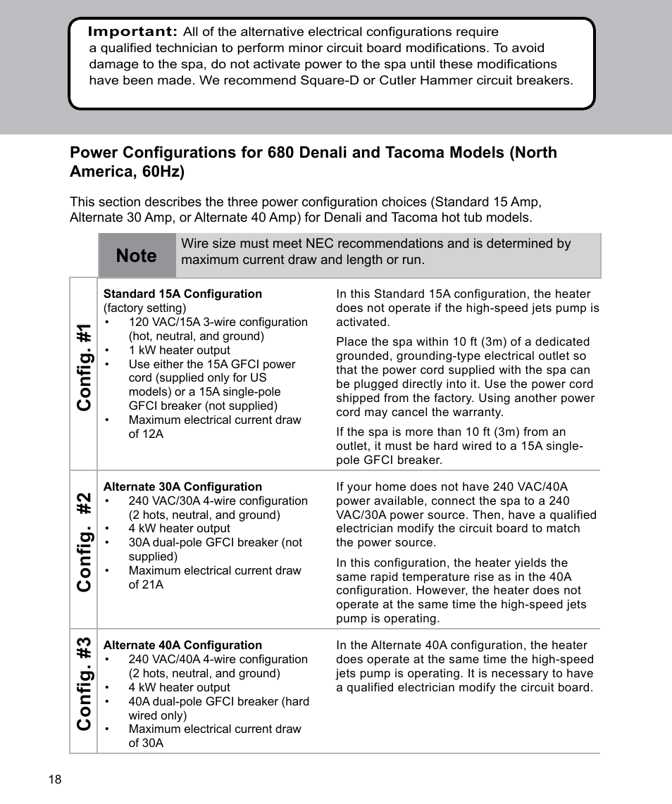Config. #1, Config. #2, Config. #3 | Sundance Spas Spas 880 Series User Manual | Page 20 / 32