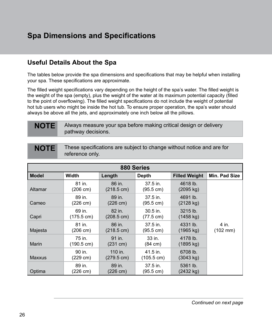 Spa dimensions and specifications, Useful details about the spa | Sundance Spas Spas 880 Series User Manual | Page 28 / 32