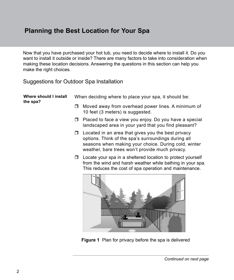 Planning the best location for your spa, Suggestions for outdoor spa installation | Sundance Spas Spas 880 Series User Manual | Page 4 / 32