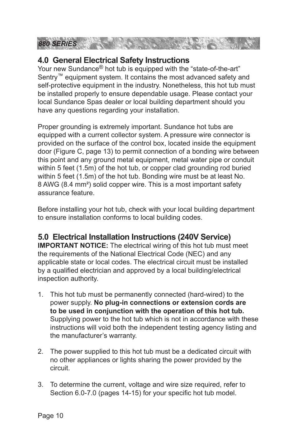 0 general electrical safety instructions | Sundance Spas 880 User Manual | Page 16 / 80