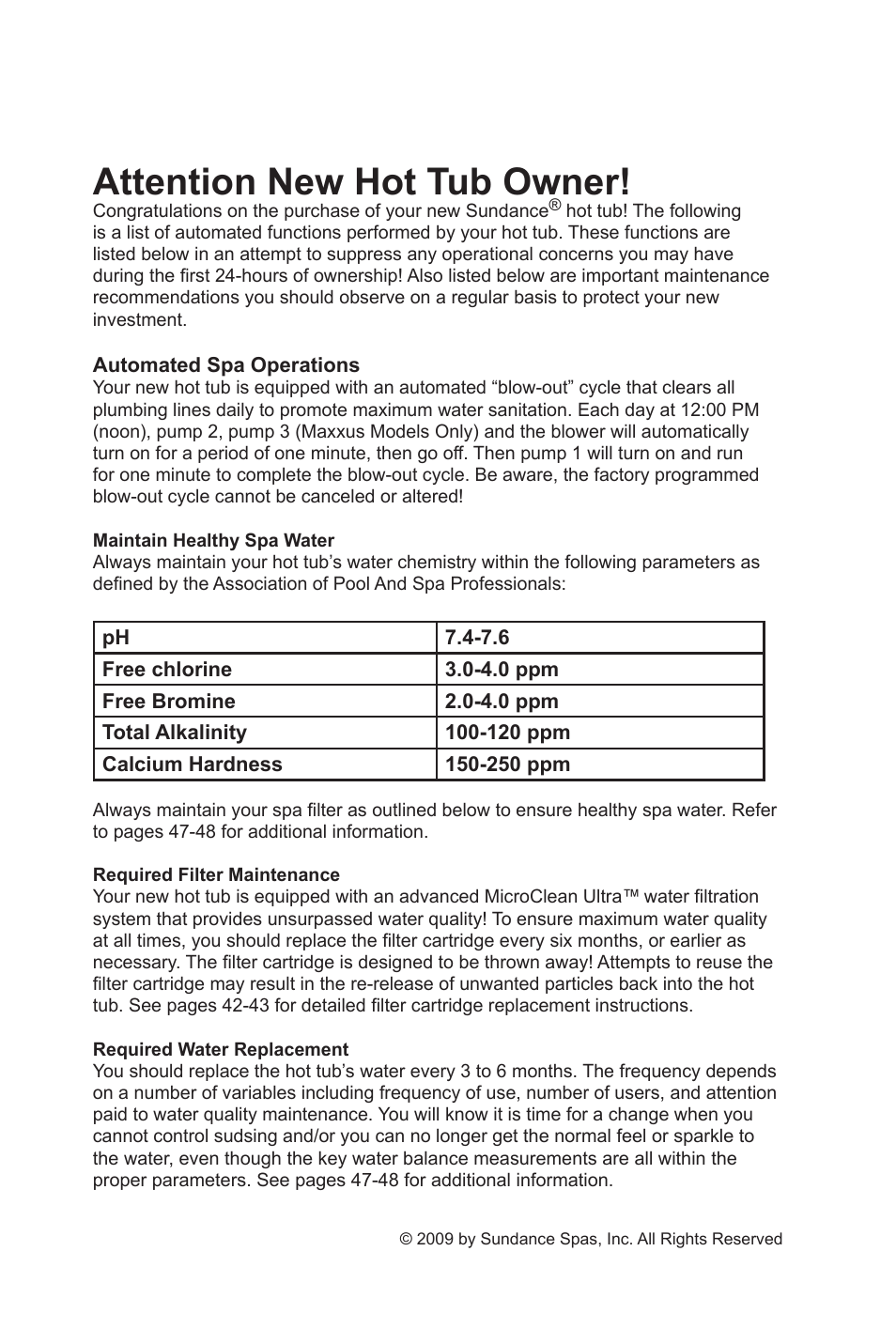 Attention new hot tub owner | Sundance Spas 880 User Manual | Page 2 / 80