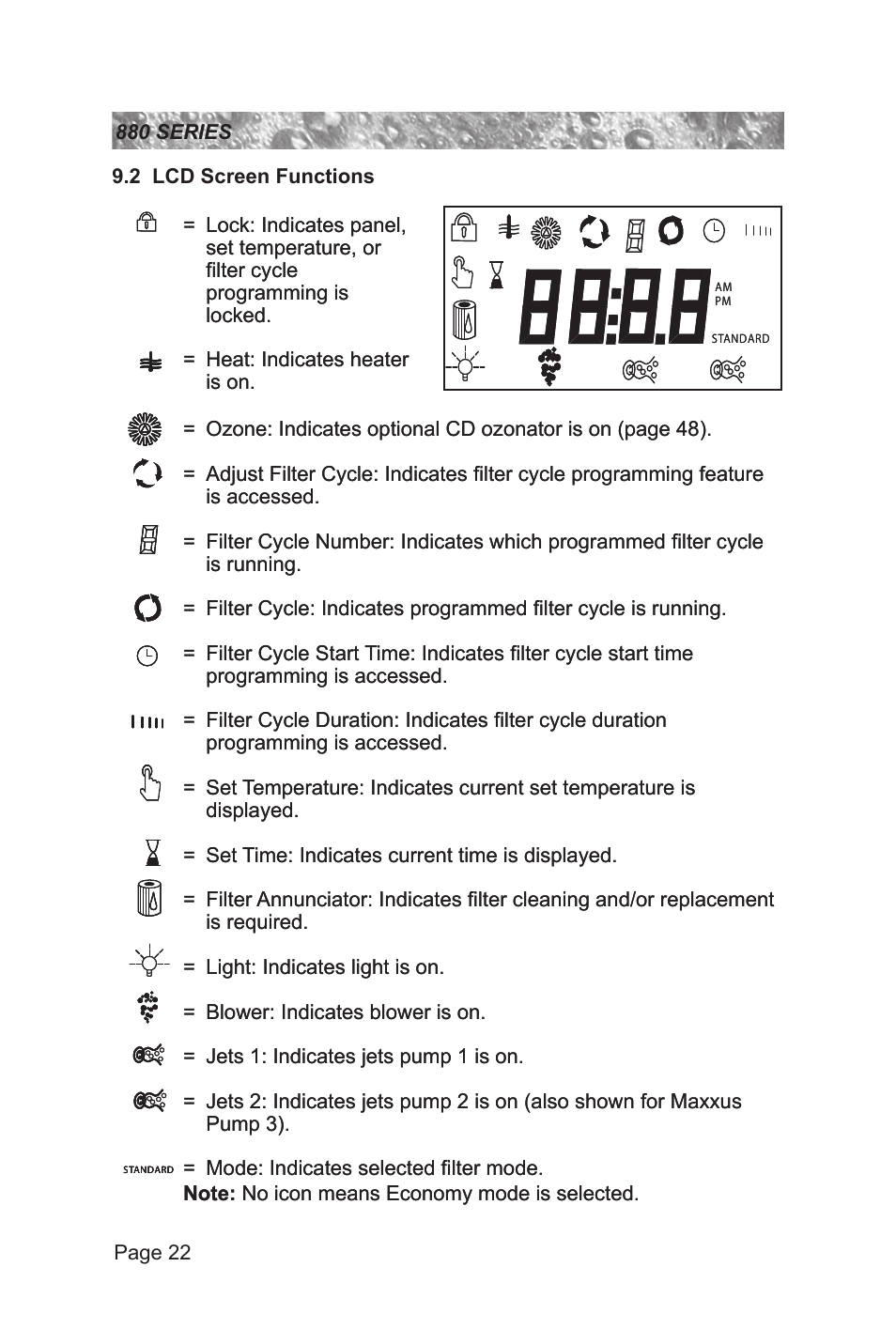 2 lcd screen functions | Sundance Spas 880 User Manual | Page 28 / 80