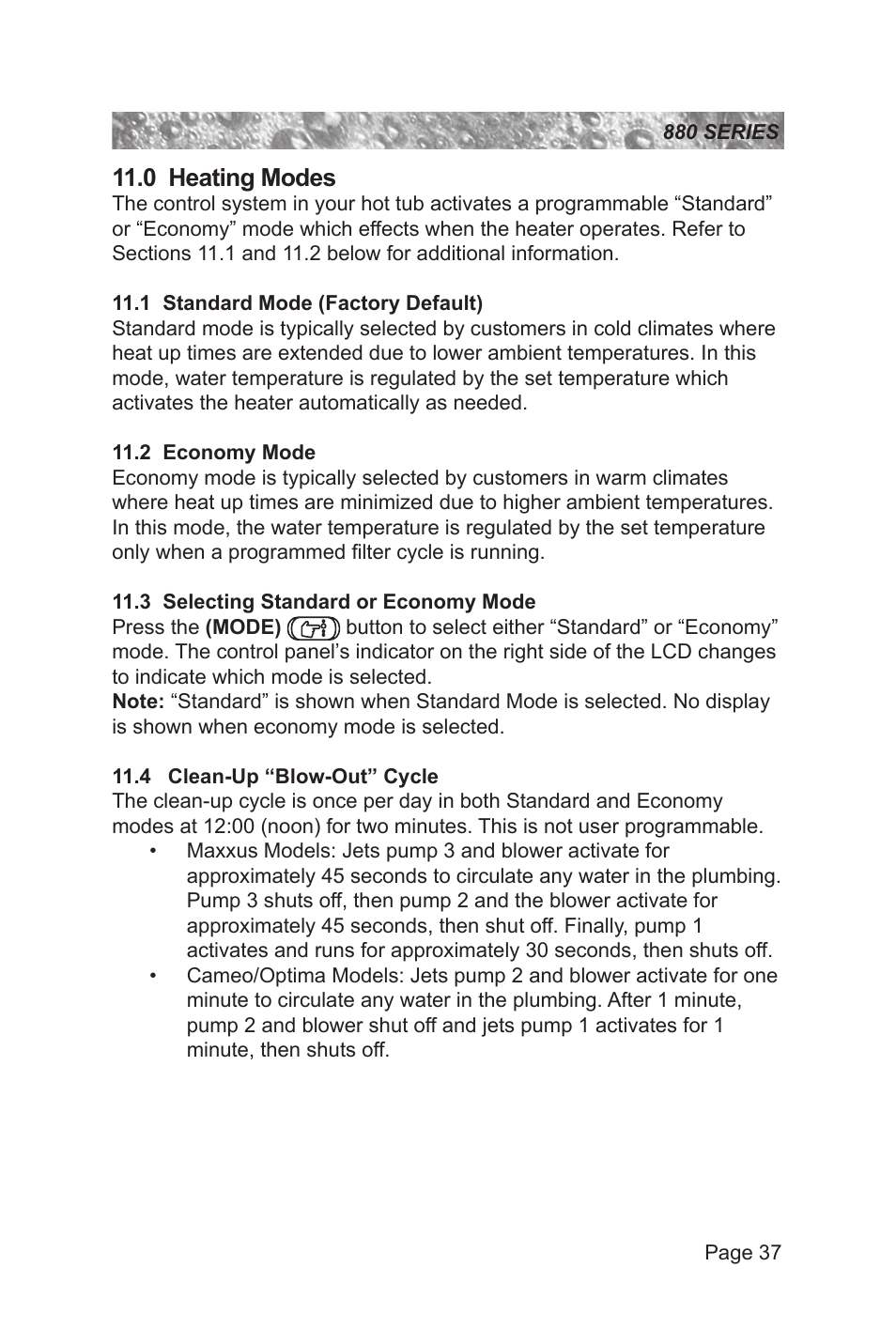 0 heating modes, 1 standard mode (factory default), 2 economy mode | 3 selecting standard or economy mode, 4 clean-up “blow-out” cycle | Sundance Spas 880 User Manual | Page 43 / 80