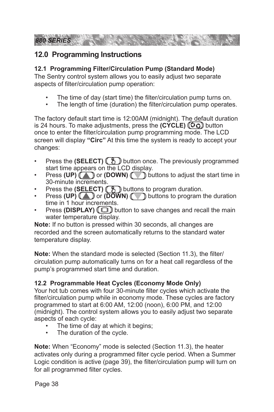 0 programming instructions, 2 programmable heat cycles (economy mode only) | Sundance Spas 880 User Manual | Page 44 / 80