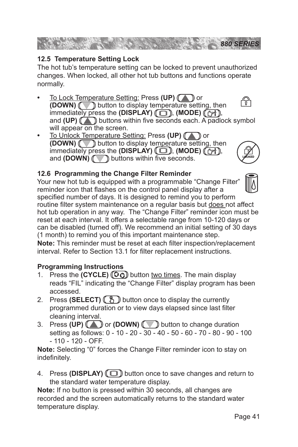 5 temperature setting lock, 6 programming the change filter reminder | Sundance Spas 880 User Manual | Page 47 / 80