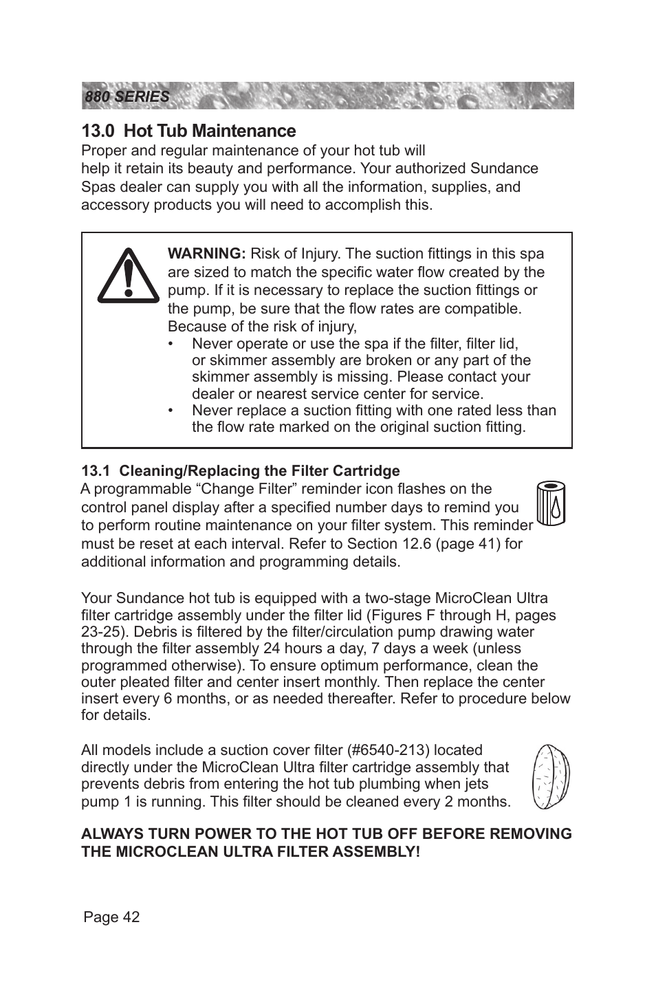 0 hot tub maintenance, 1 cleaning/replacing the filter cartridge | Sundance Spas 880 User Manual | Page 48 / 80