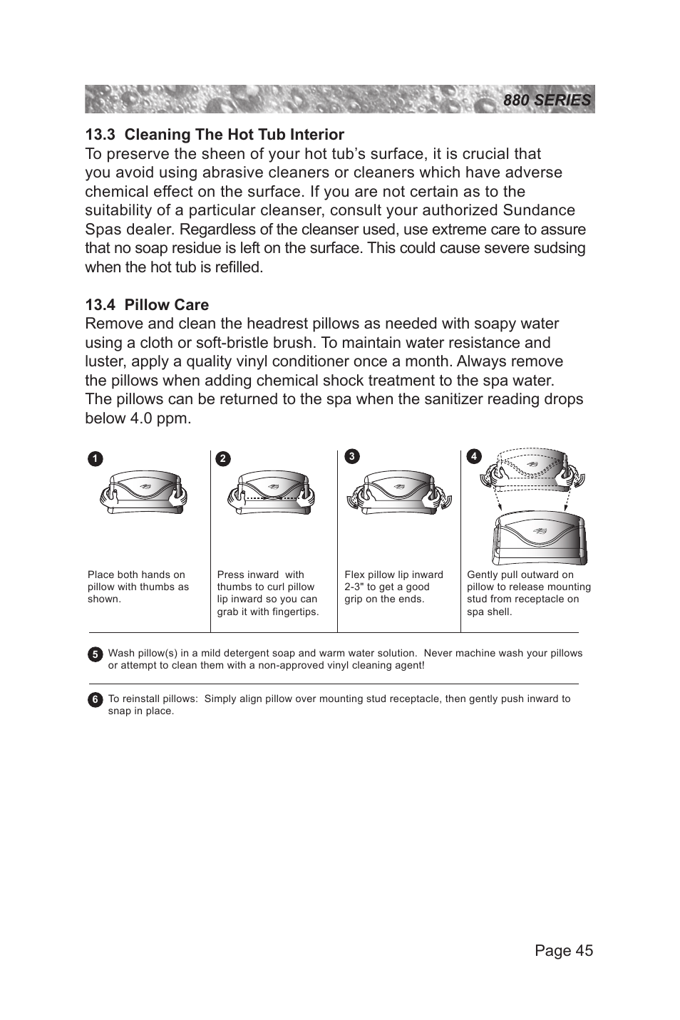 3 cleaning the hot tub interior, 4 pillow care | Sundance Spas 880 User Manual | Page 51 / 80
