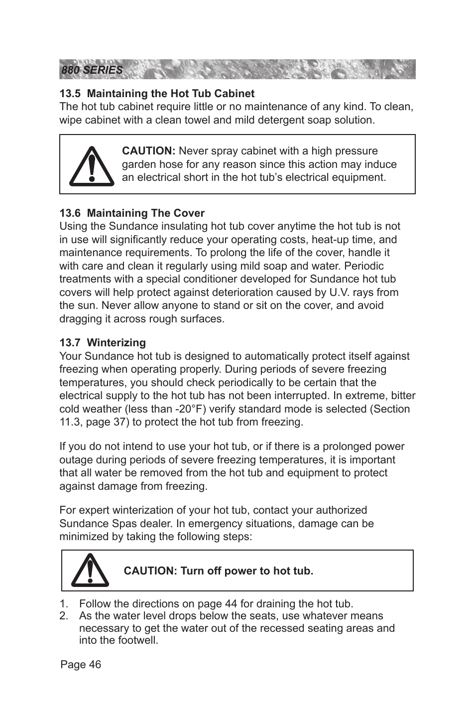 5 maintaining the hot tub cabinet, 6 maintaining the cover, 7 winterizing | Sundance Spas 880 User Manual | Page 52 / 80