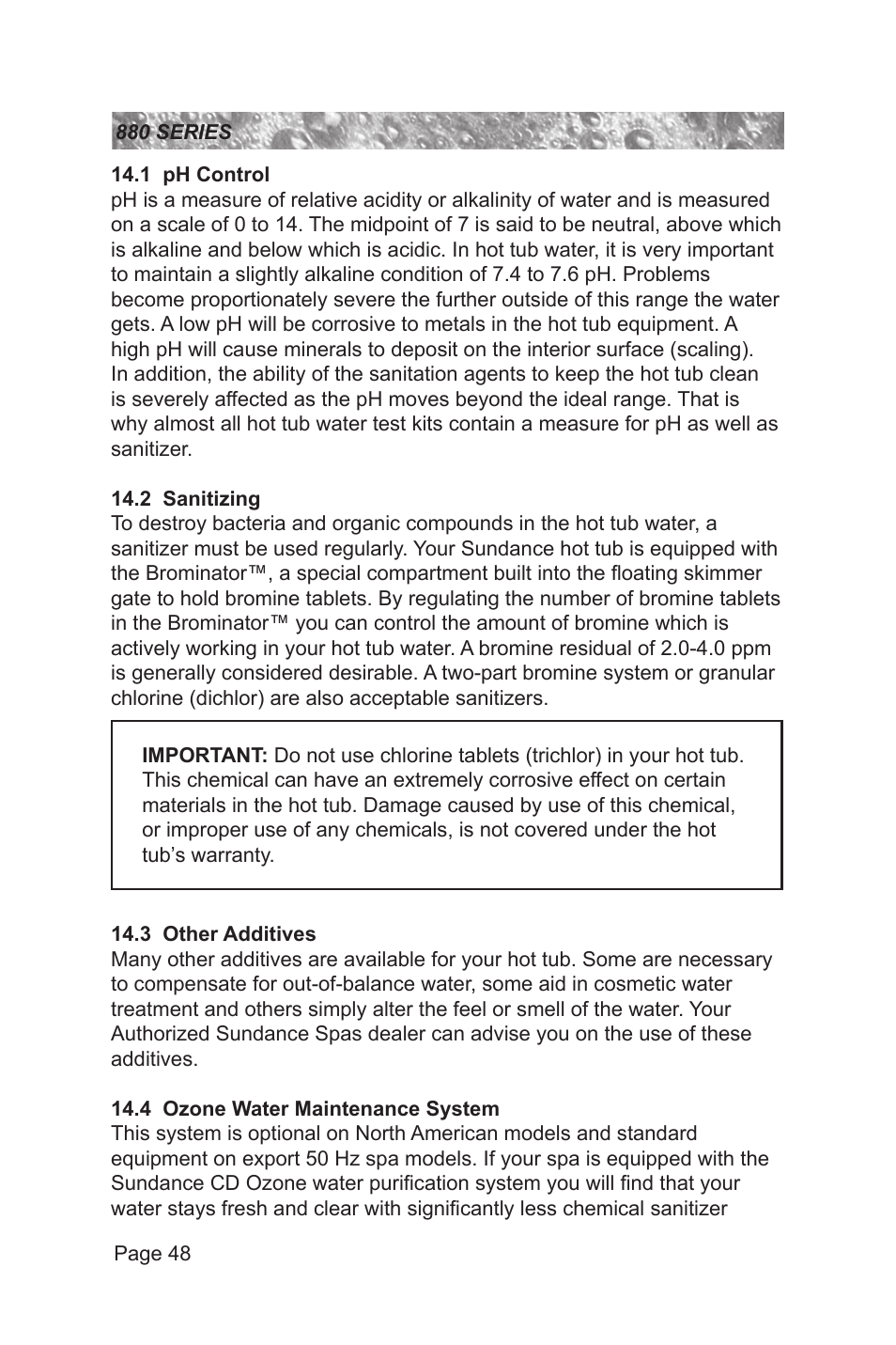 1 ph control, 2 sanitizing, 3 other additives | 4 ozone water maintenance system | Sundance Spas 880 User Manual | Page 54 / 80