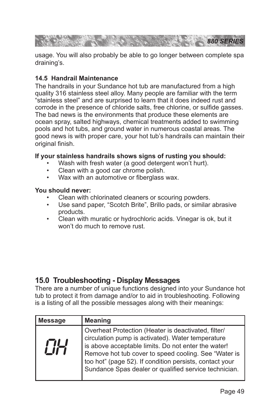 5 handrail maintenance, 0 troubleshooting - display messages | Sundance Spas 880 User Manual | Page 55 / 80