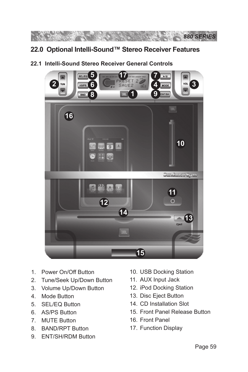 0 optional intelli-sound™ stereo receiver features, 1 intelli-sound stereo receiver general controls | Sundance Spas 880 User Manual | Page 65 / 80