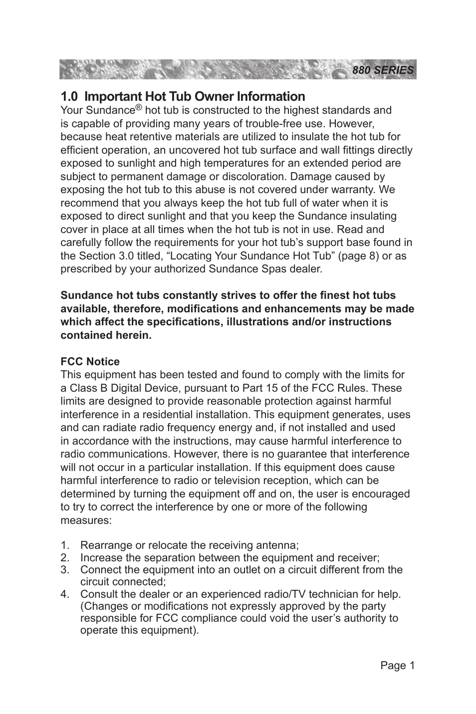 0 important hot tub owner information | Sundance Spas 880 User Manual | Page 7 / 80