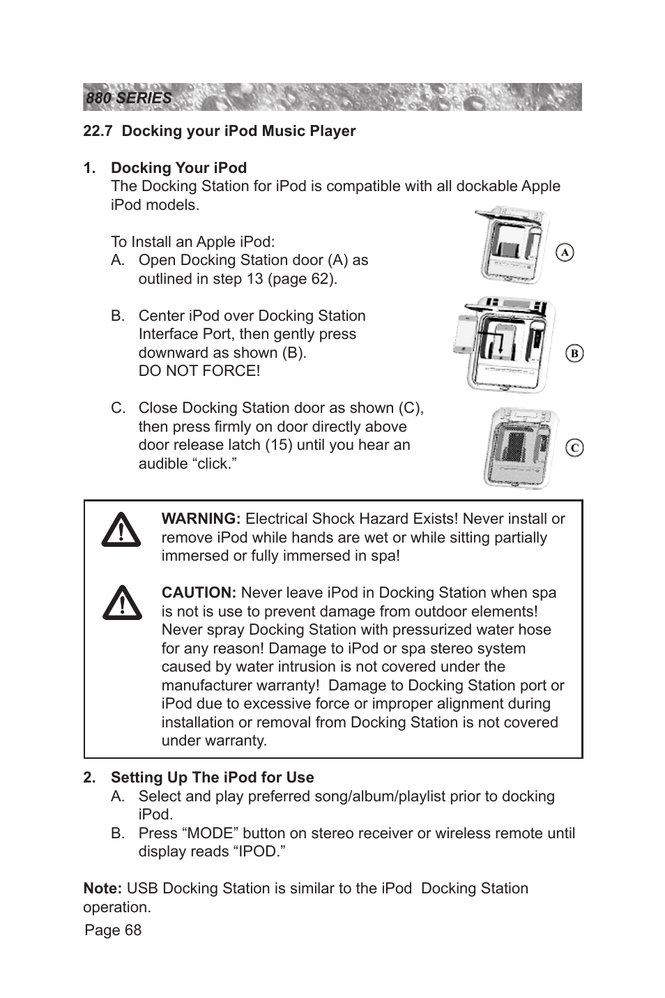 7 docking your ipod music player | Sundance Spas 880 User Manual | Page 74 / 80