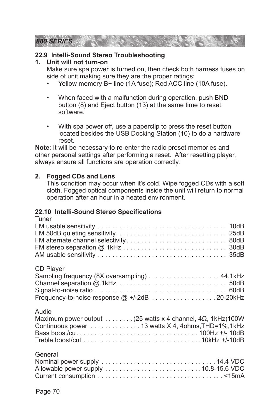 9 intelli-sound stereo troubleshooting, 10 intelli-sound stereo specifications | Sundance Spas 880 User Manual | Page 76 / 80
