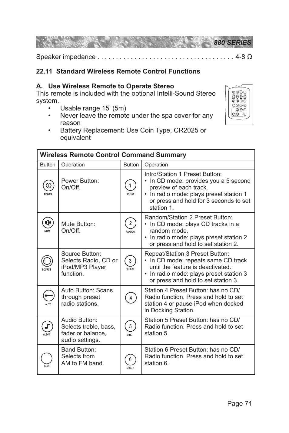 11 standard wireless remote control functions, Wireless remote control command summary | Sundance Spas 880 User Manual | Page 77 / 80
