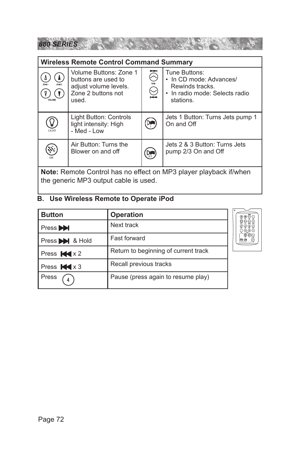 Wireless remote control command summary | Sundance Spas 880 User Manual | Page 78 / 80