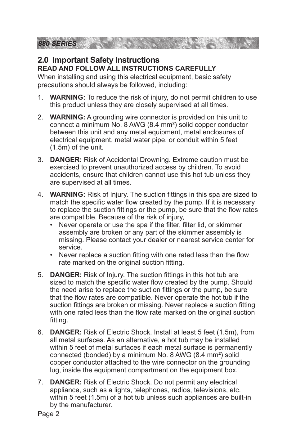 0 important safety instructions | Sundance Spas 880 User Manual | Page 8 / 80