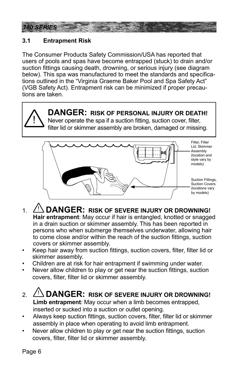 1 entrapment risk, Entrapment risk, Danger | Sundance Spas CAMDEN 780 User Manual | Page 10 / 72