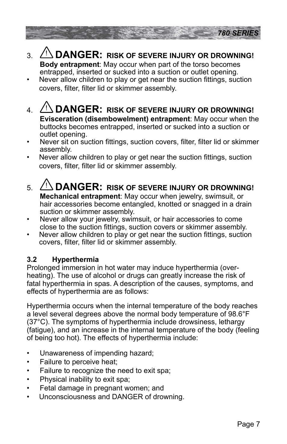 2 hyperthermia, Hyperthermia, Danger | Sundance Spas CAMDEN 780 User Manual | Page 11 / 72