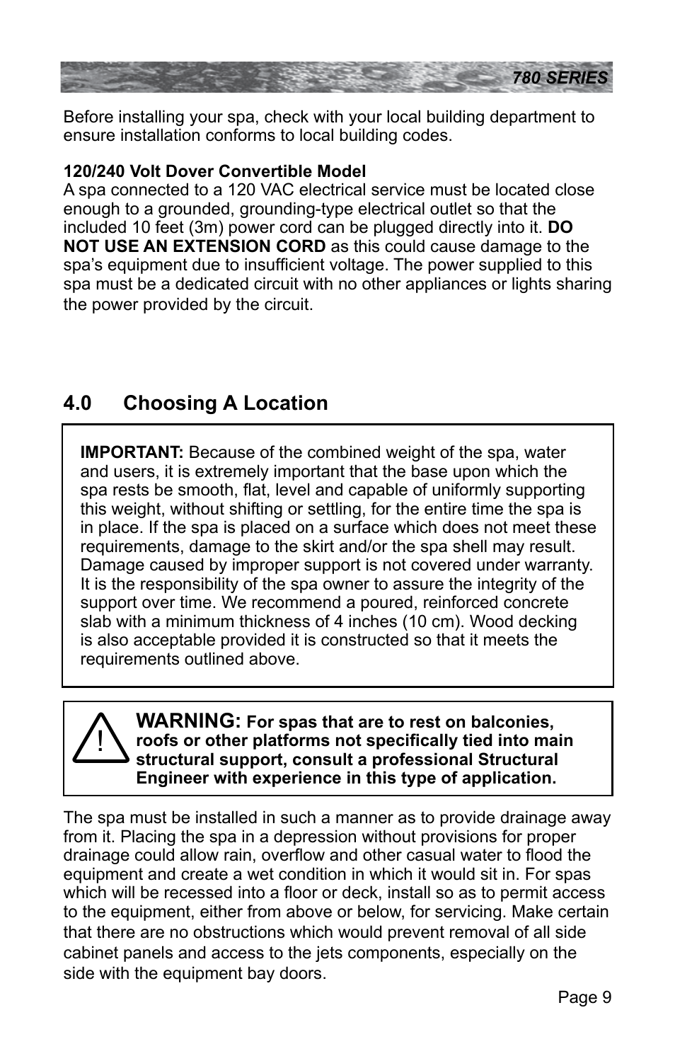 0 choosing a location, Choosing a location | Sundance Spas CAMDEN 780 User Manual | Page 13 / 72