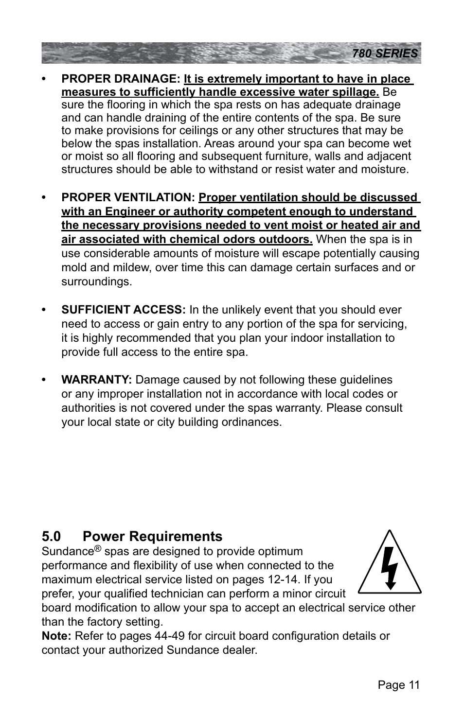 0 power requirements, Power requirements | Sundance Spas CAMDEN 780 User Manual | Page 15 / 72
