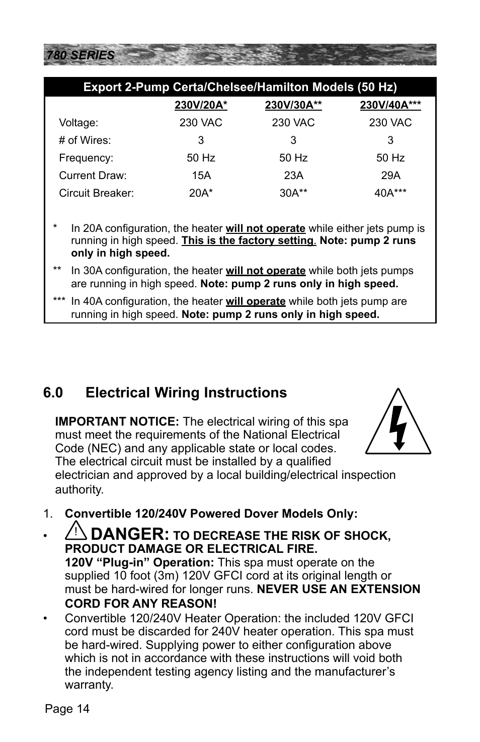 0 electrical wiring instructions, Electrical wiring instructions, If you | Danger | Sundance Spas CAMDEN 780 User Manual | Page 18 / 72