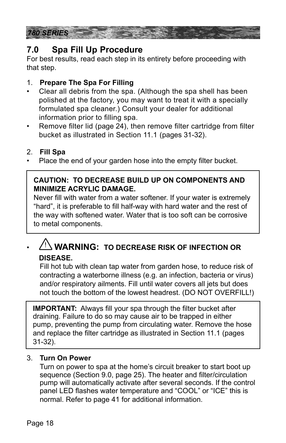 0 spa fill up procedure, Spa fill up procedure, Warning | Sundance Spas CAMDEN 780 User Manual | Page 22 / 72