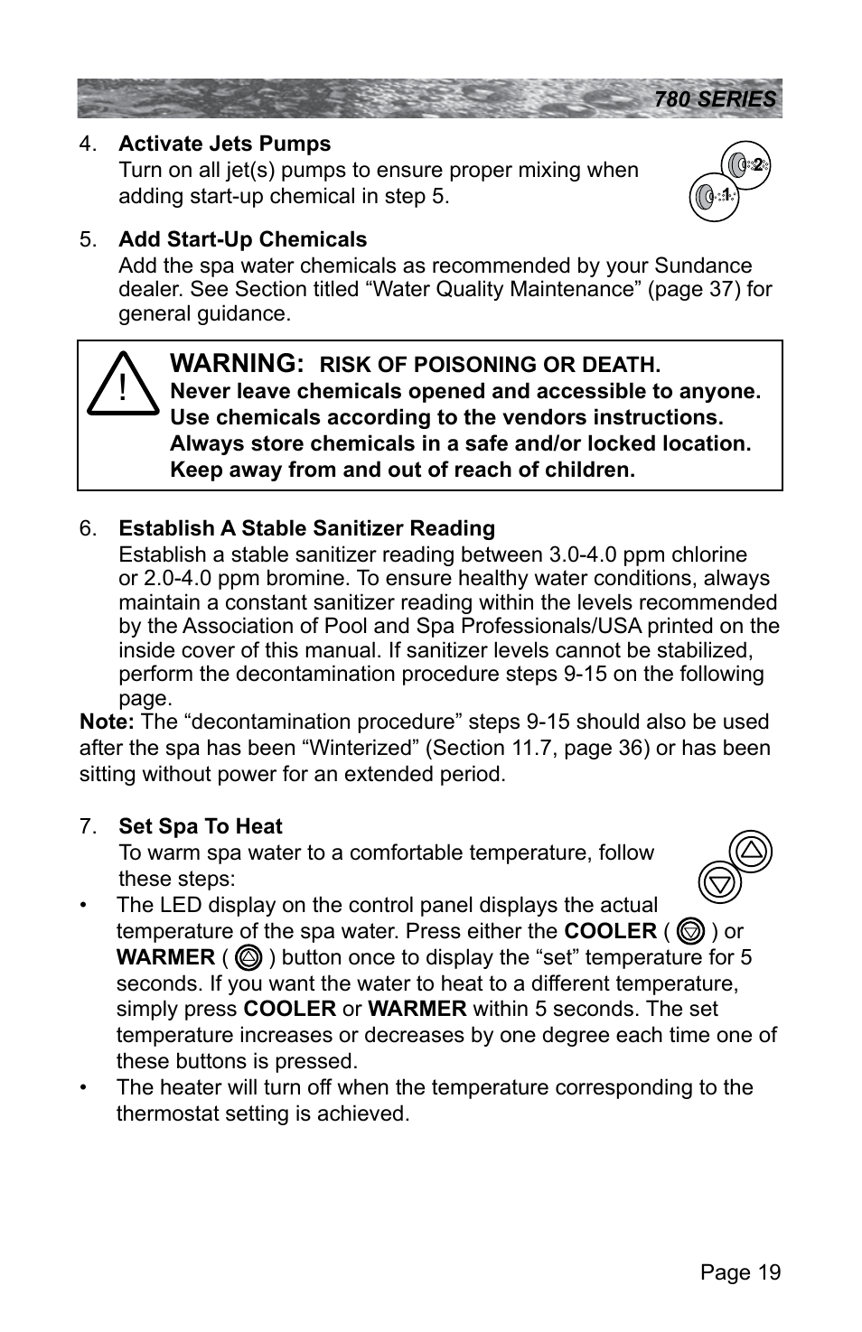 Warning | Sundance Spas CAMDEN 780 User Manual | Page 23 / 72