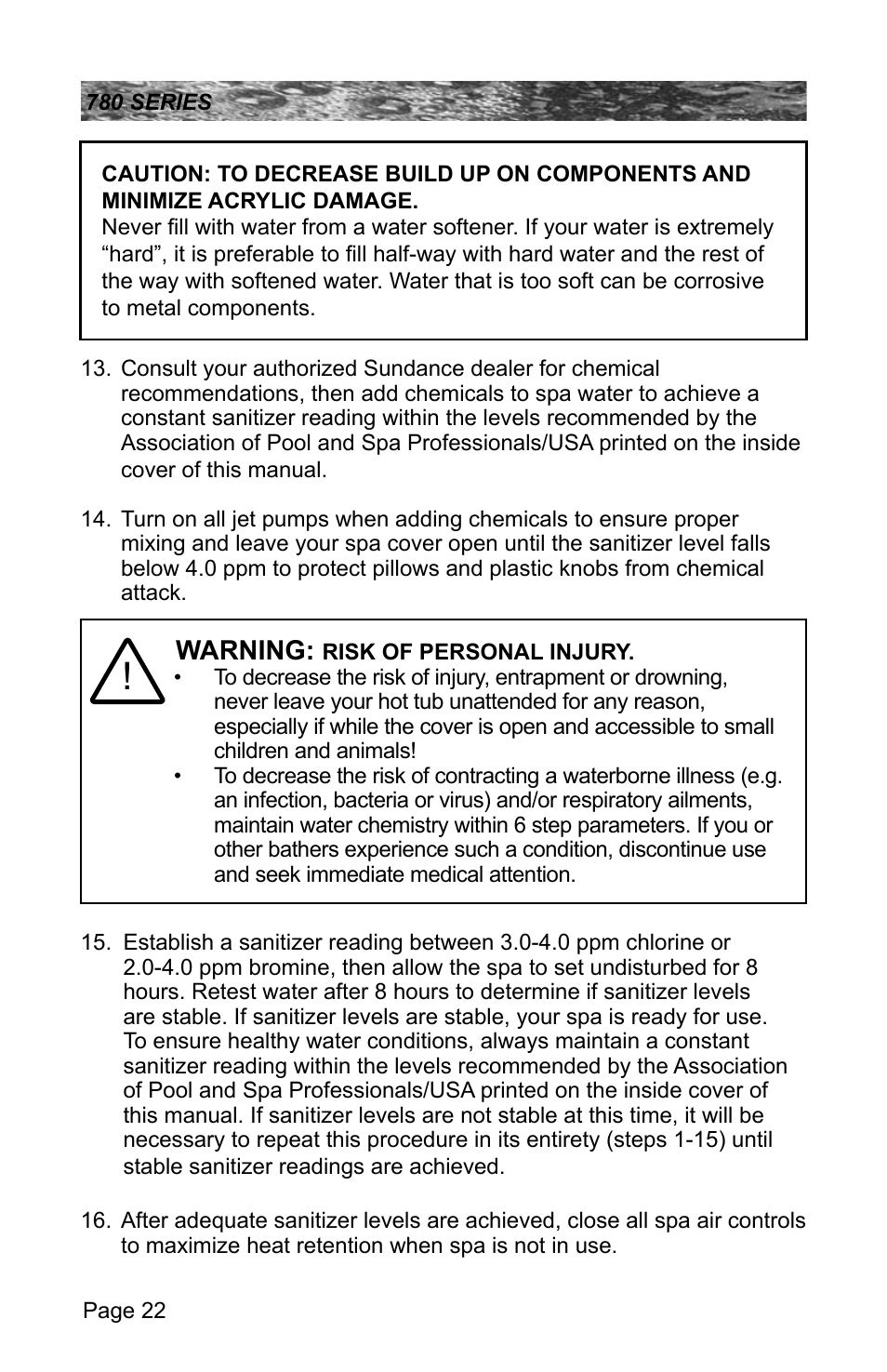 Warning | Sundance Spas CAMDEN 780 User Manual | Page 26 / 72
