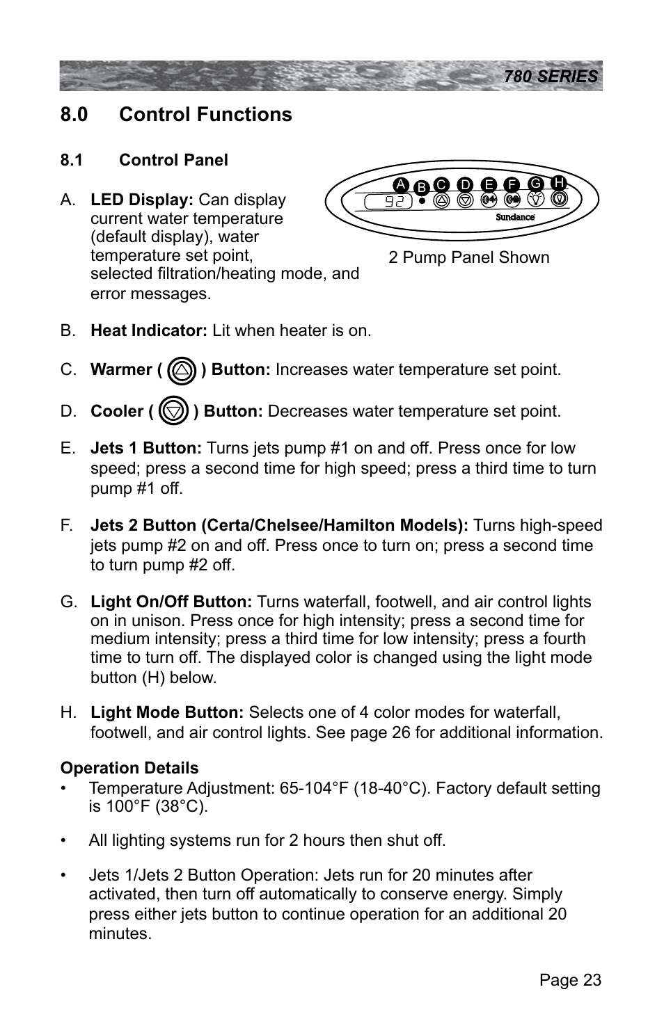 0 control functions, 1 control panel, Control functions | Control panel | Sundance Spas CAMDEN 780 User Manual | Page 27 / 72