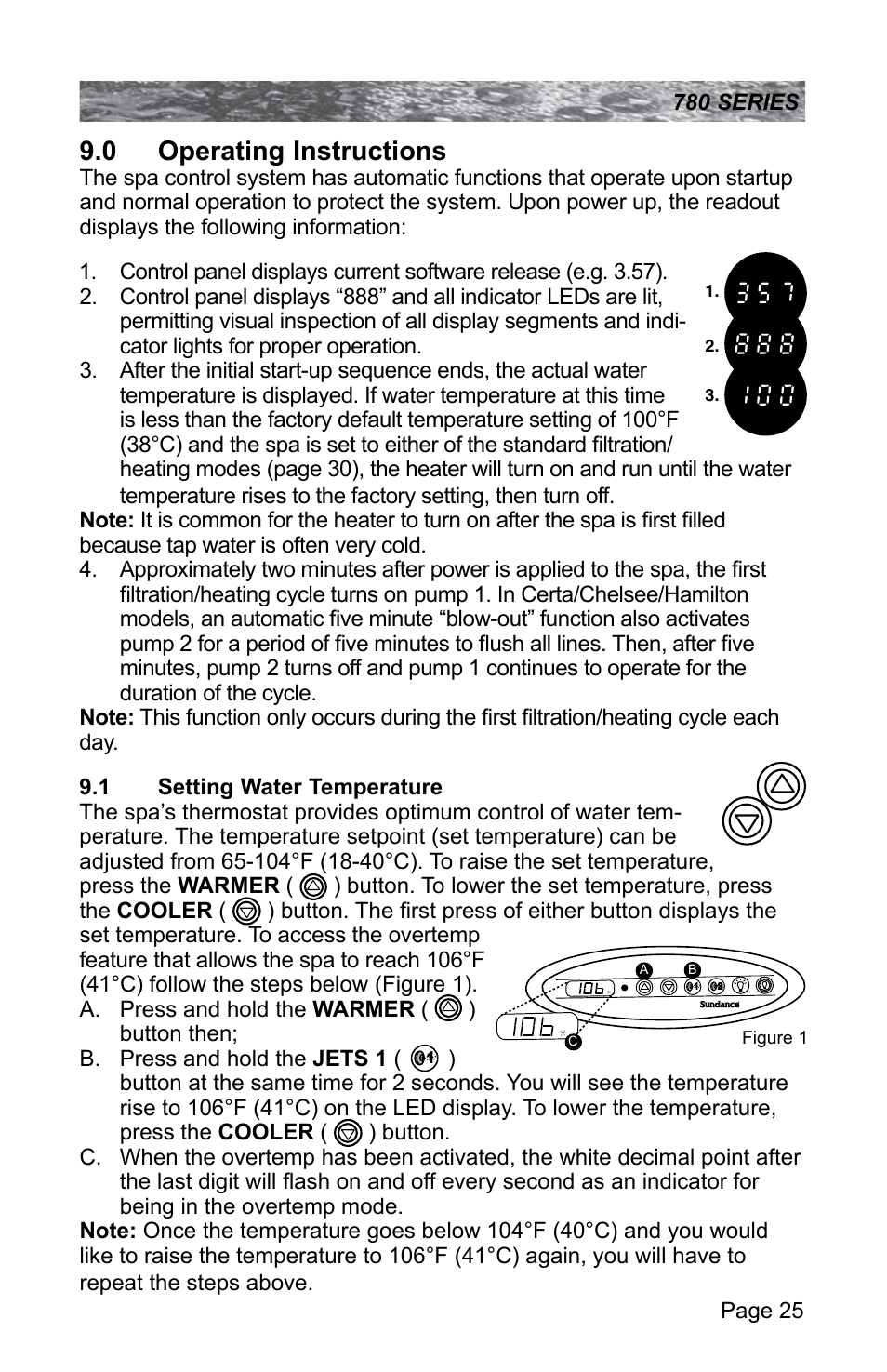 0 operating instructions, 1 setting water temperature, Operating instructions | Setting water temperature | Sundance Spas CAMDEN 780 User Manual | Page 29 / 72