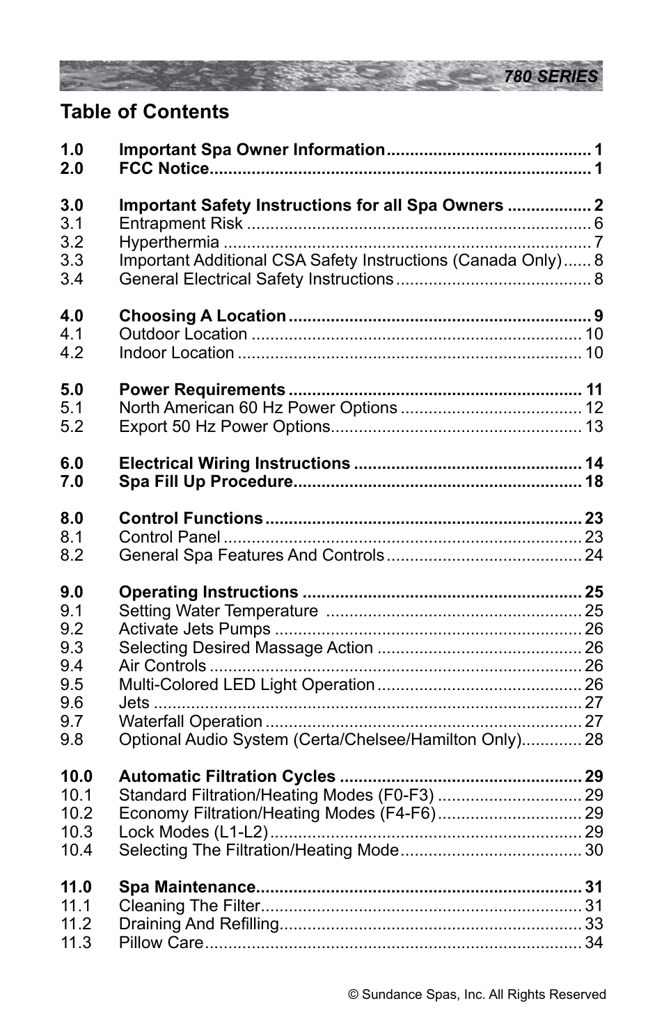 Sundance Spas CAMDEN 780 User Manual | Page 3 / 72
