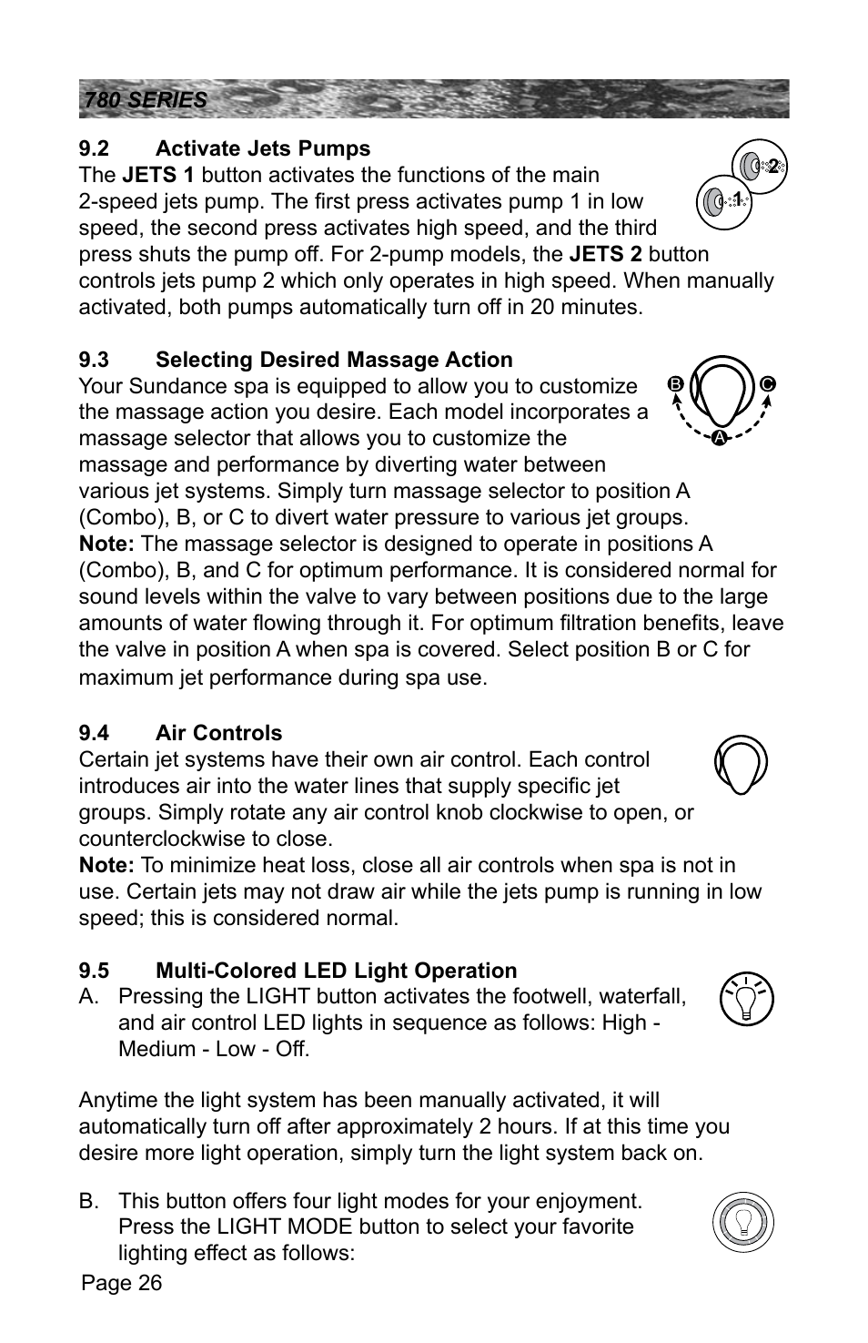 2 activate jets pumps, 3 selecting desired massage action, 4 air controls | 5 multi-colored led light operation, Activate jets pumps, Selecting desired massage action, Air controls, Multi-colored led light operation | Sundance Spas CAMDEN 780 User Manual | Page 30 / 72