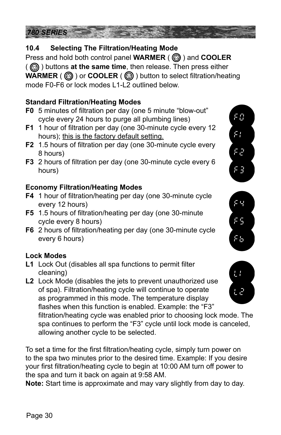 4 selecting the filtration/heating mode | Sundance Spas CAMDEN 780 User Manual | Page 34 / 72