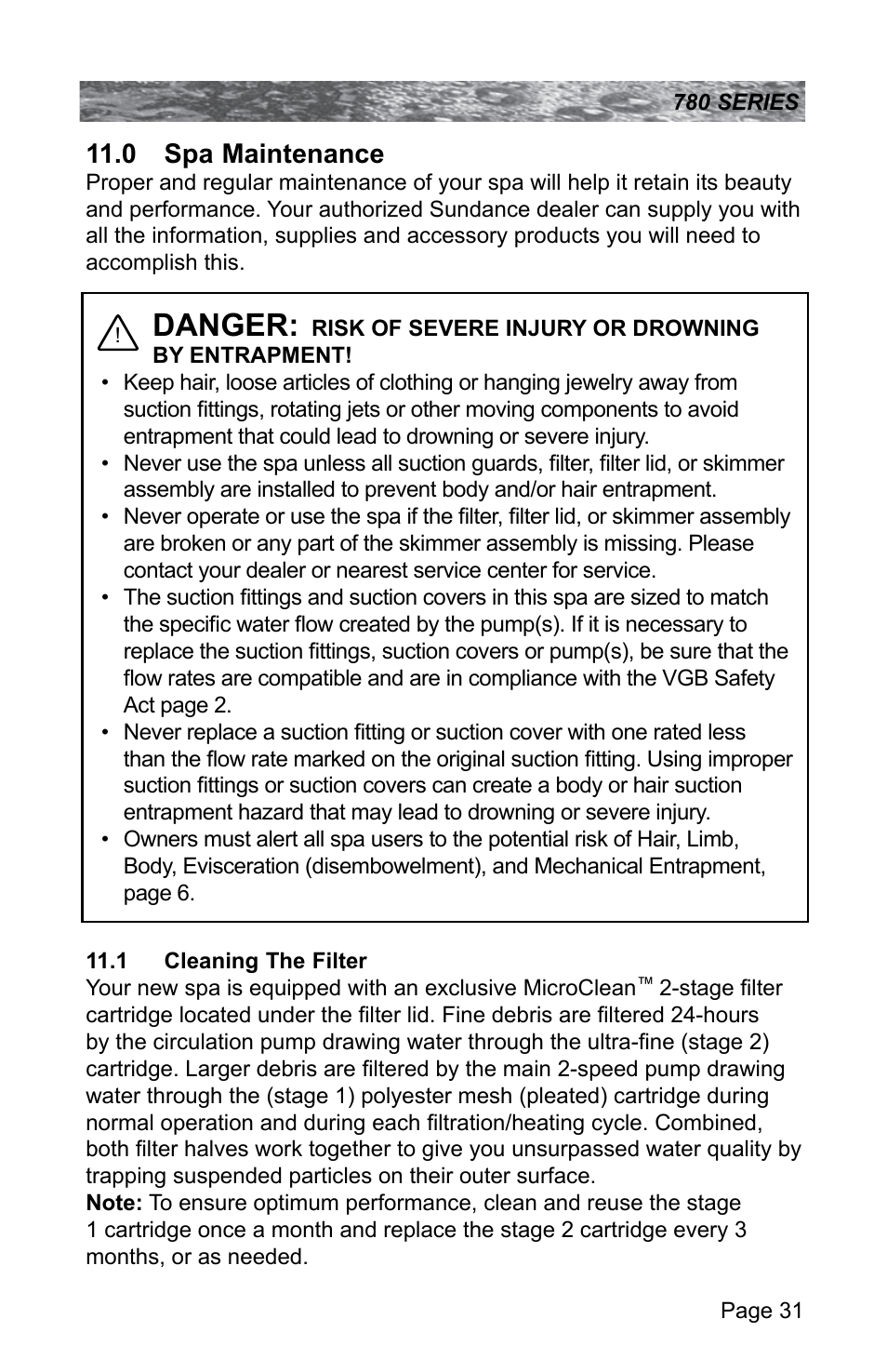 0 spa maintenance, 1 cleaning the filter, Cleaning the filter | Danger | Sundance Spas CAMDEN 780 User Manual | Page 35 / 72