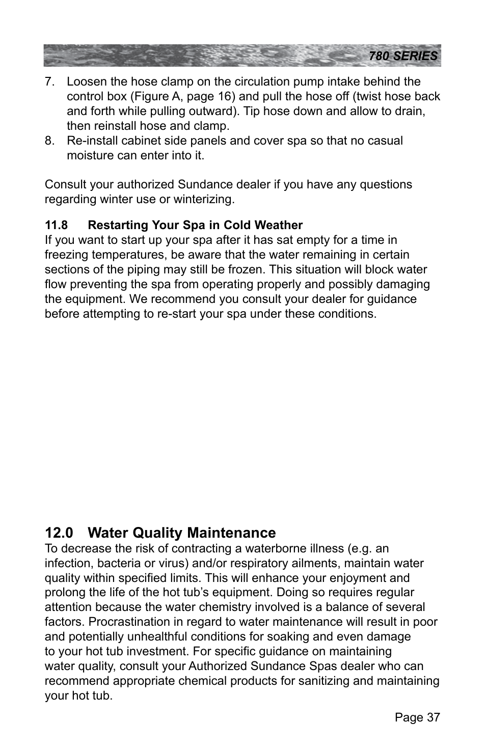 8 restarting your spa in cold weather, 0 water quality maintenance, Restarting your spa in cold weather | Sundance Spas CAMDEN 780 User Manual | Page 41 / 72