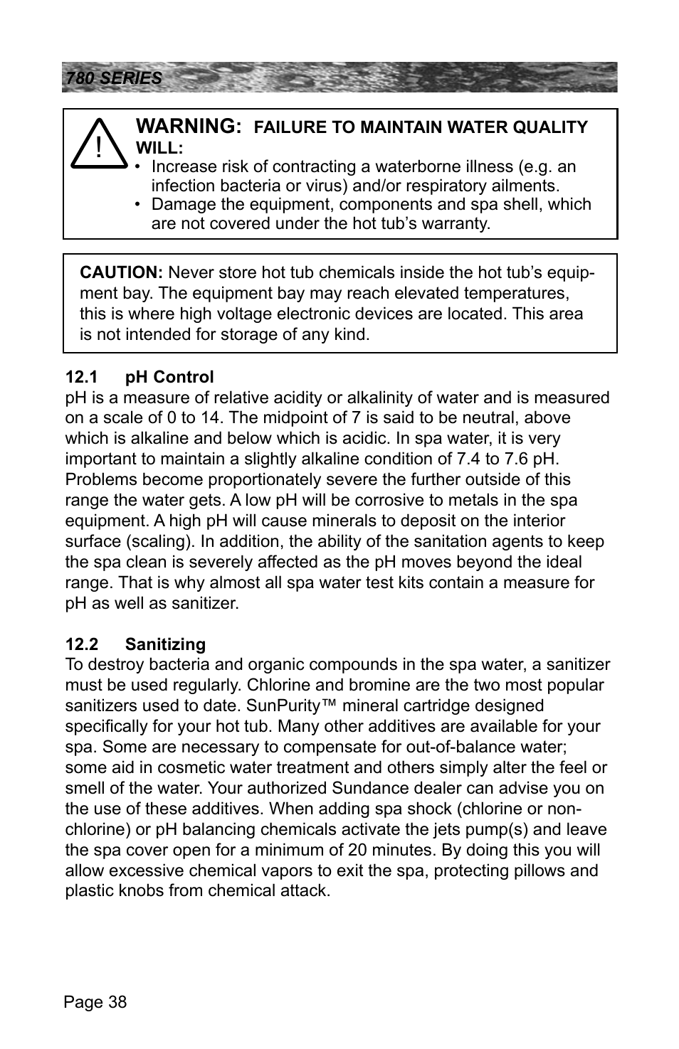 1 ph control, 2 sanitizing, Warning | Sundance Spas CAMDEN 780 User Manual | Page 42 / 72