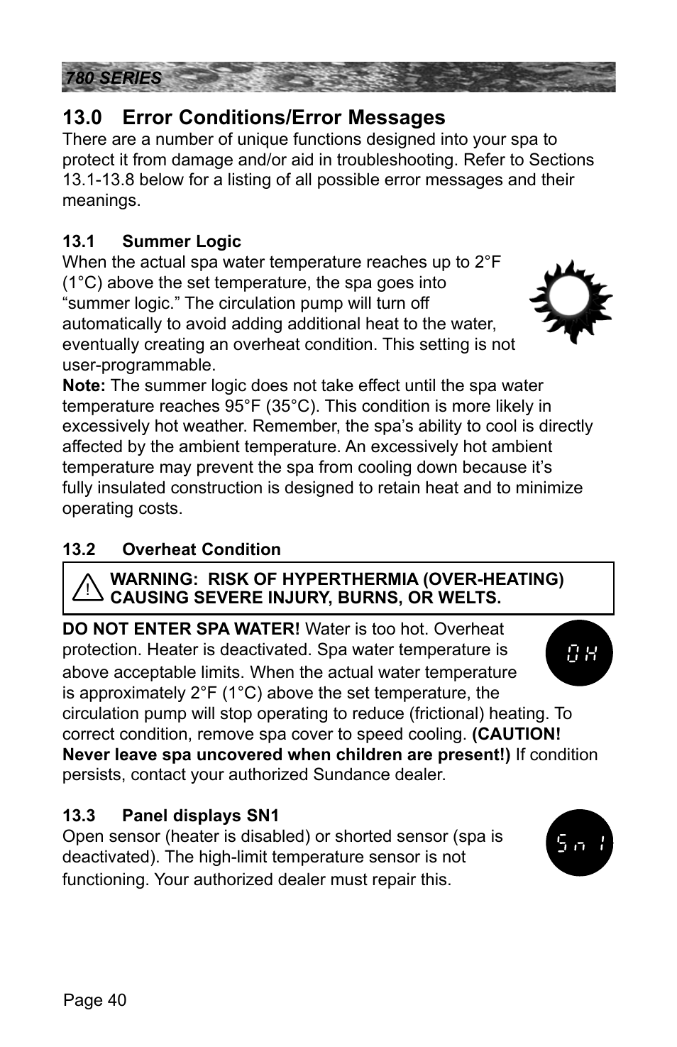 0 error conditions/error messages, 1 summer logic, 2 overheat condition | 3 panel displays sn1 | Sundance Spas CAMDEN 780 User Manual | Page 44 / 72