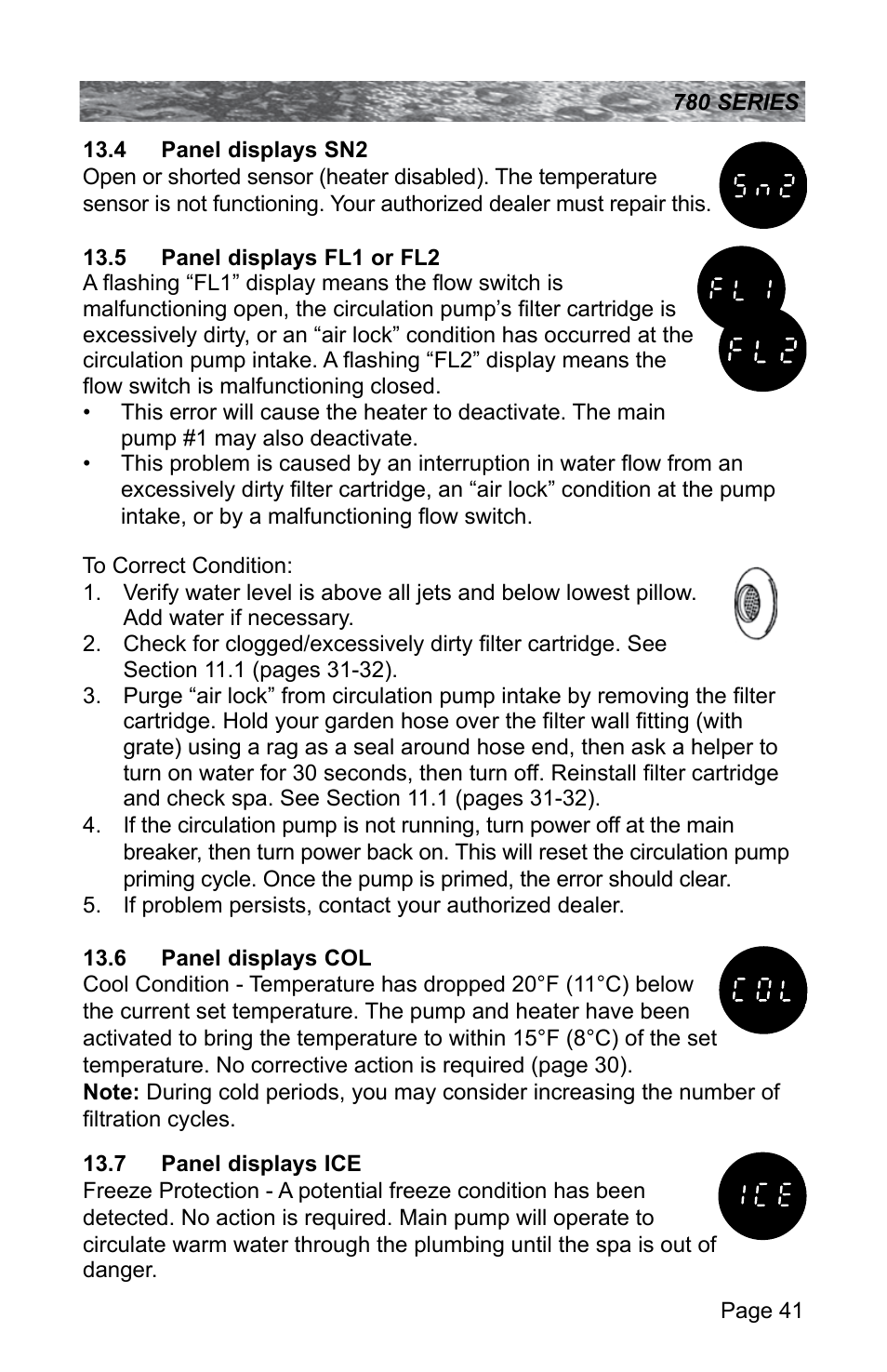 4 panel displays sn2, 5 panel displays fl1 or fl2, 6 panel displays col | 7 panel displays ice | Sundance Spas CAMDEN 780 User Manual | Page 45 / 72