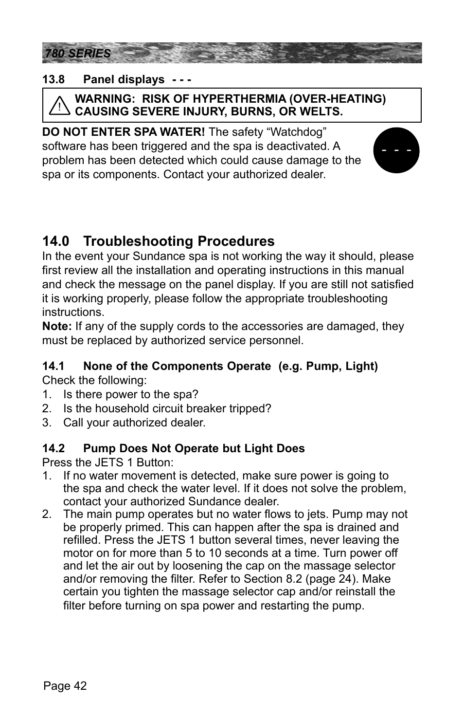 8 panel displays, 0 troubleshooting procedures, 2 pump does not operate but light does | Sundance Spas CAMDEN 780 User Manual | Page 46 / 72