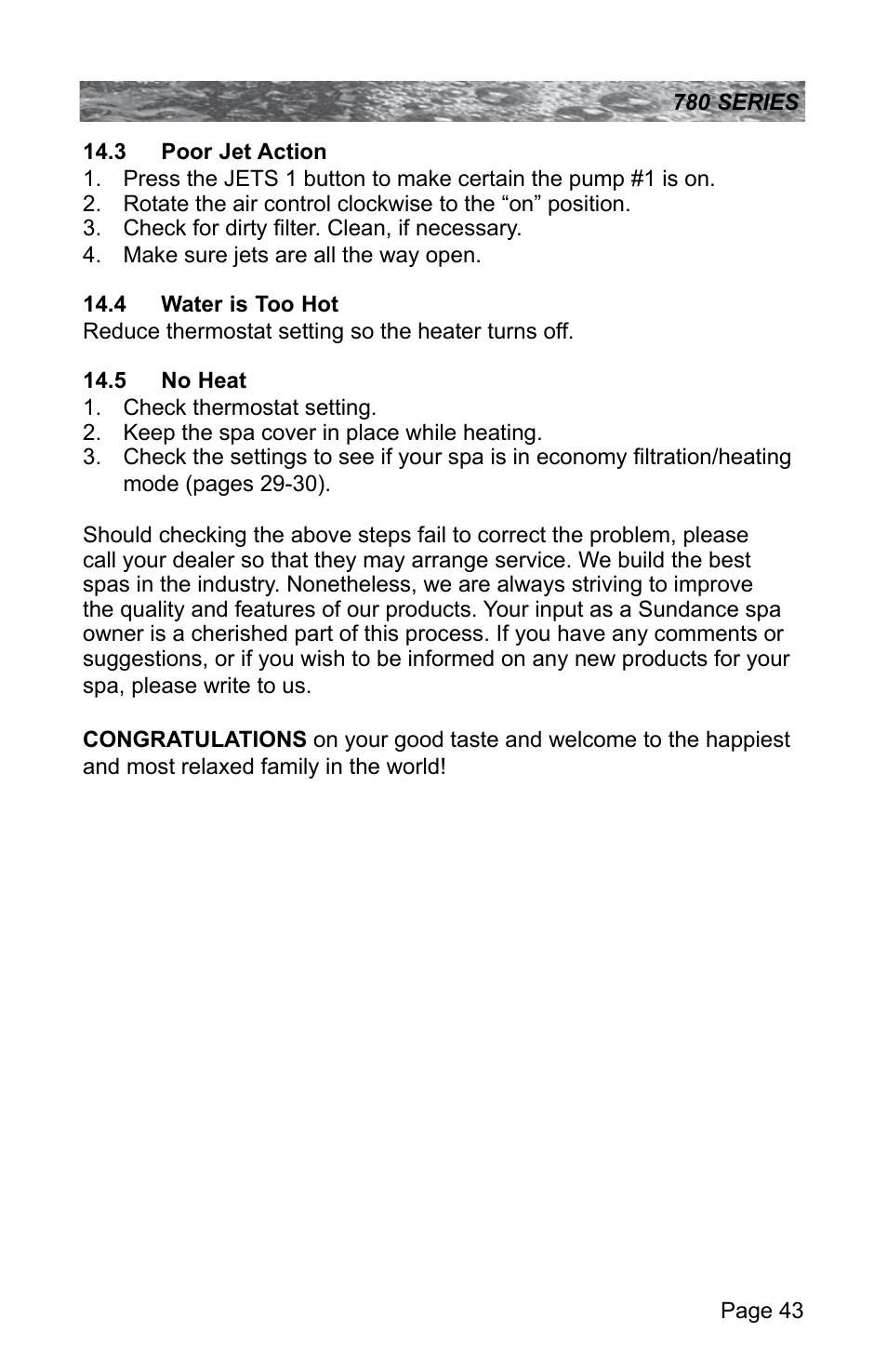 3 poor jet action, 4 water is too hot, 5 no heat | Sundance Spas CAMDEN 780 User Manual | Page 47 / 72