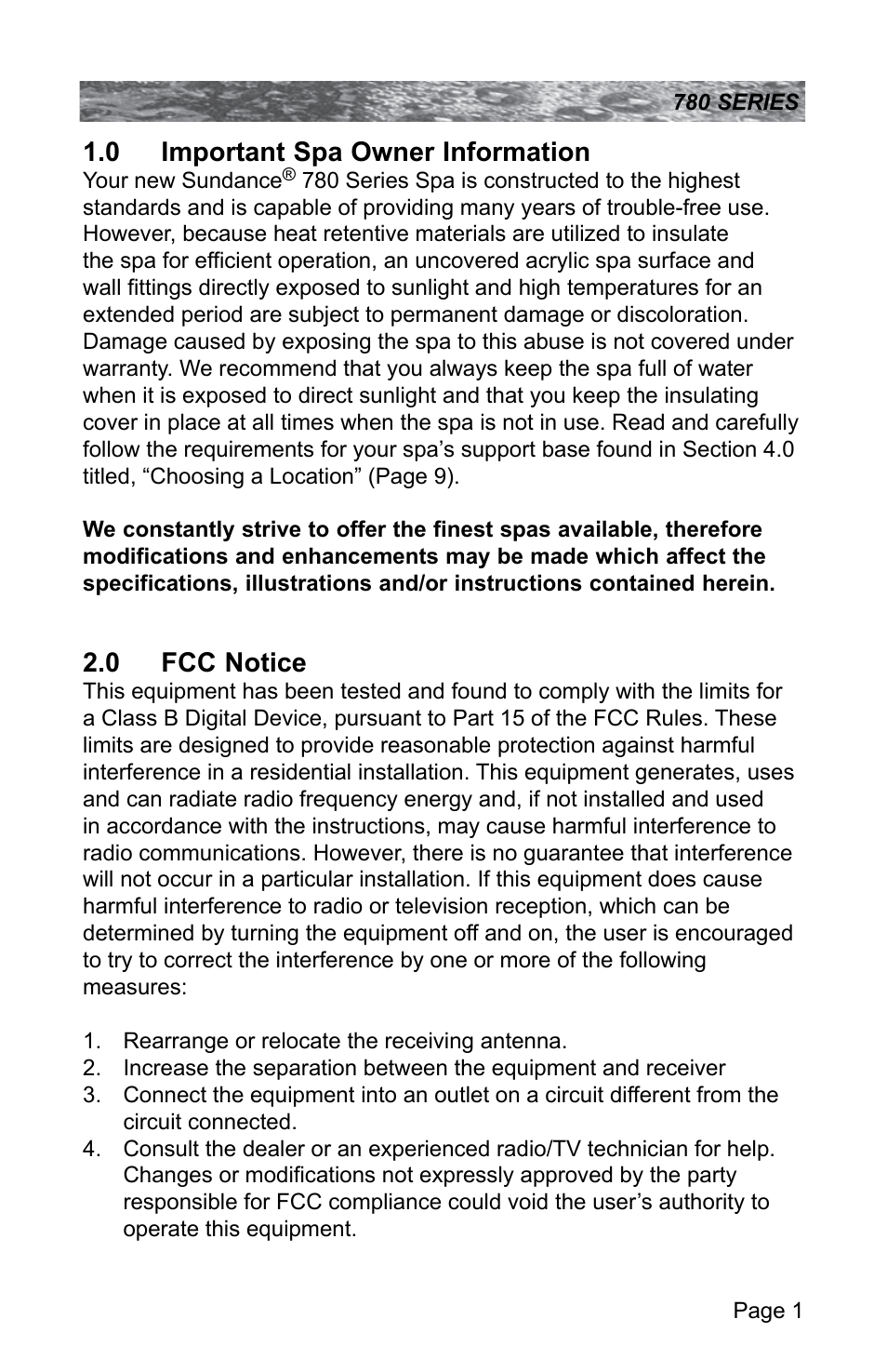 0 important spa owner information, 0 fcc notice, Important spa owner information | Fcc notice | Sundance Spas CAMDEN 780 User Manual | Page 5 / 72