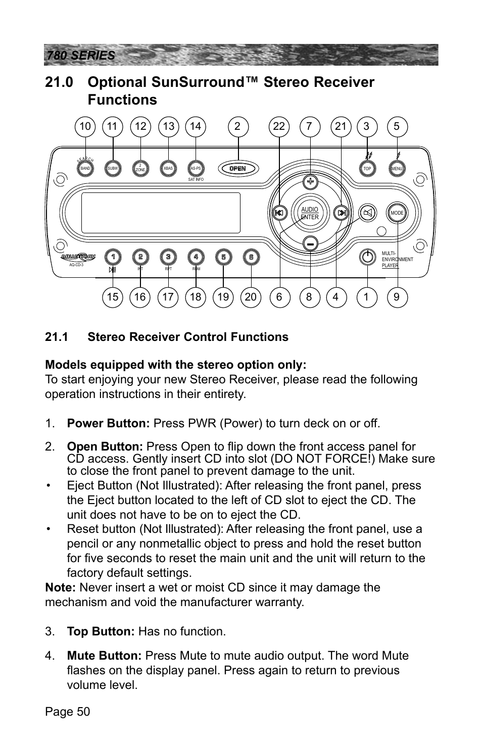 0 optional sunsurround™ stereo receiver functions, 1 stereo receiver control functions | Sundance Spas CAMDEN 780 User Manual | Page 54 / 72